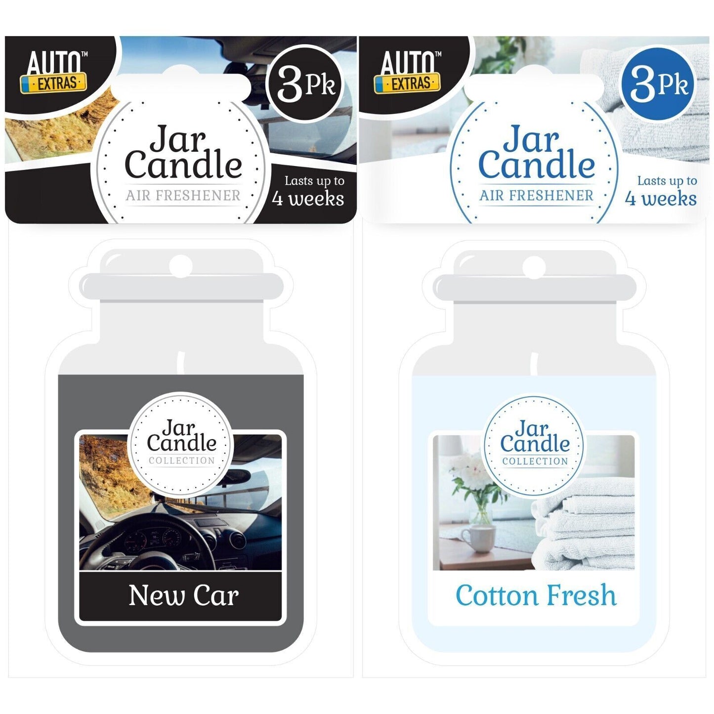 3pk Candle Car Air Freshener Jar 2D | Cotton & New Car Scent Freshner Fragrance