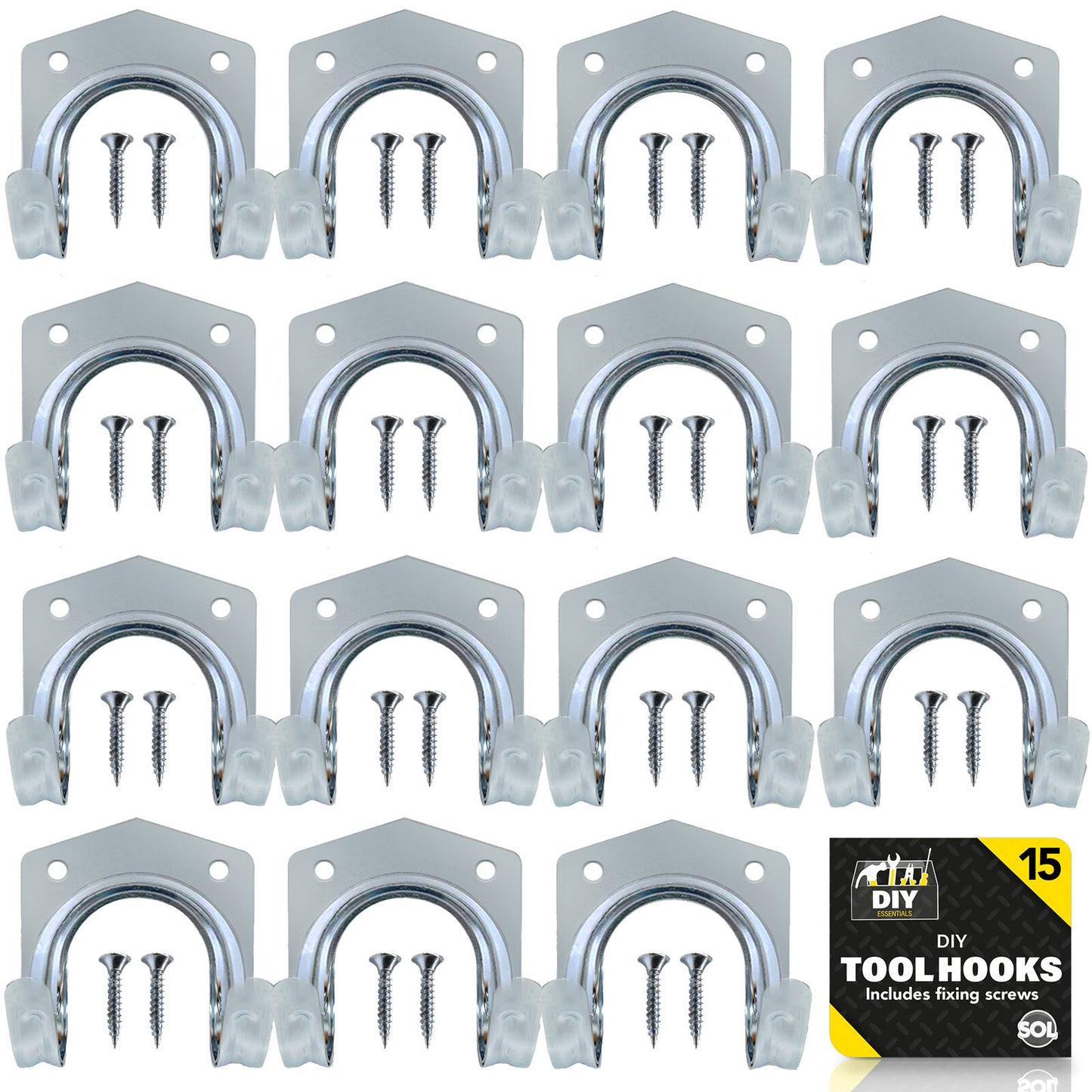 15pk Tool Hooks & Screws | Garage Garden Shed Wall Bike Hanging Storage Utility