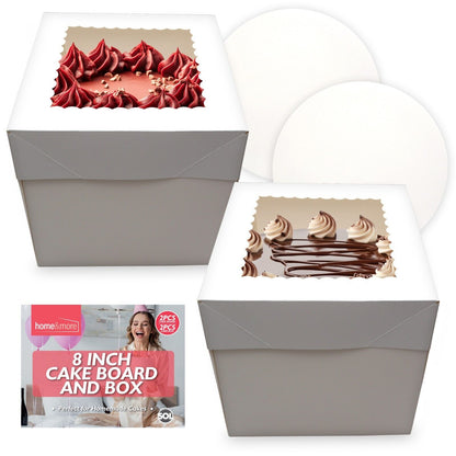2-10PK 8 Inch Cake Board and Box with Lid Set | White Round 3mm Thick Boards