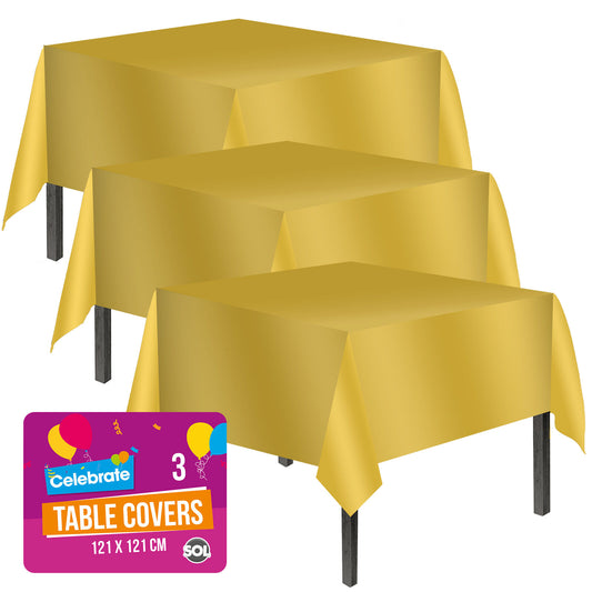 3 Gold Plastic Table Covers Square Tablecloth Disposable Wipe Clean Party Cloth
