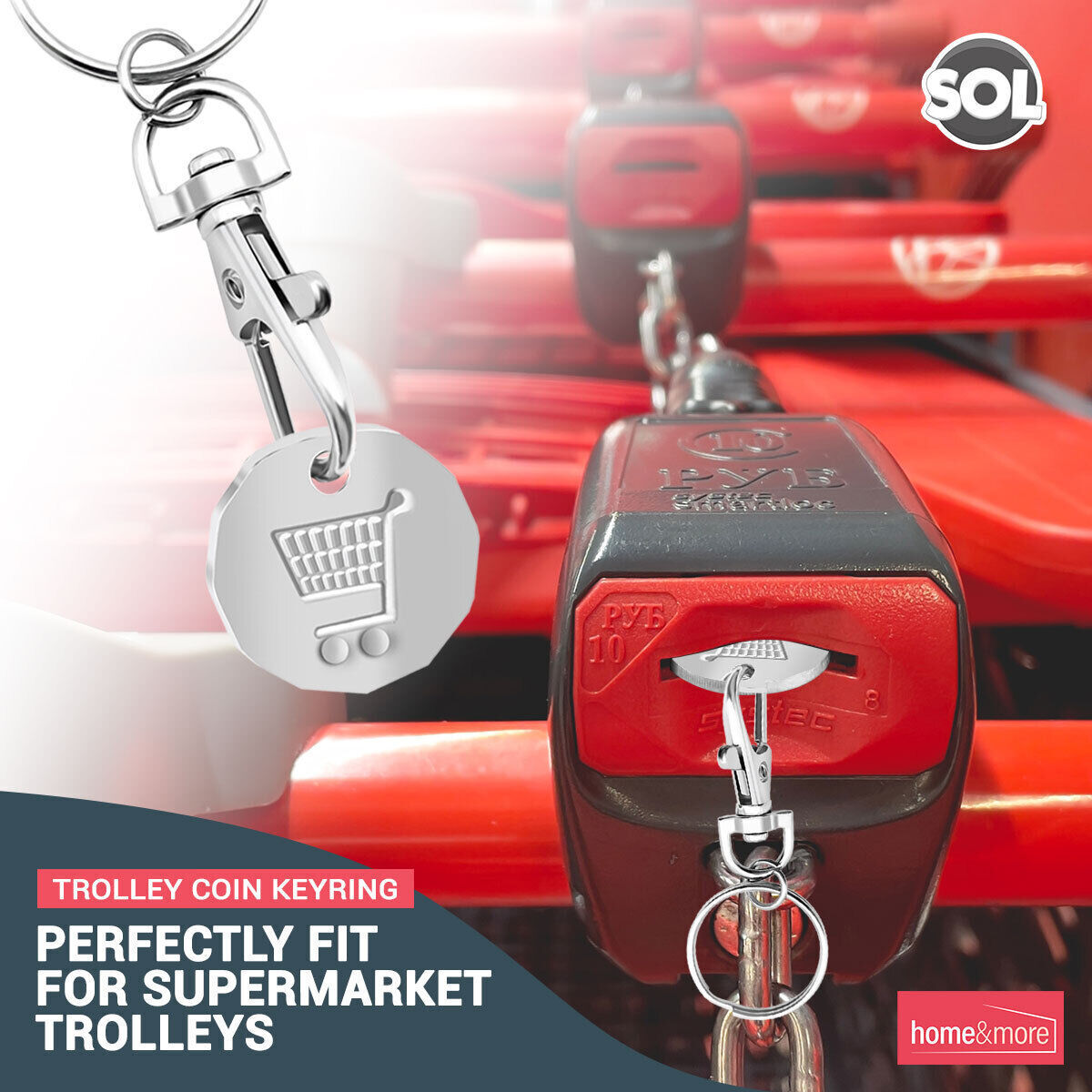 6 Trolley Coin Keyring Removable Supermarket £1 Pound Shopping Cart Token Holder