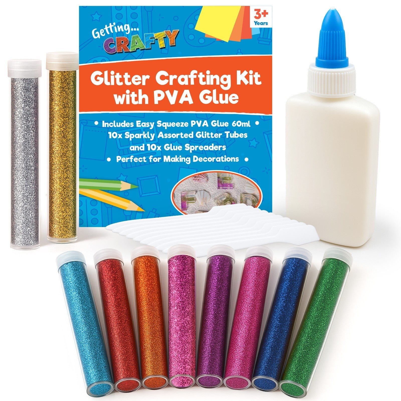Assorted glitter glue tubes with PVA and plastic spreader, 10 pack craft set in mixed colours