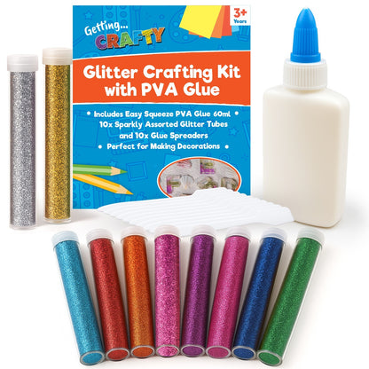 Assorted glitter glue tubes with PVA and plastic spreader, 10 pack craft set in mixed colours