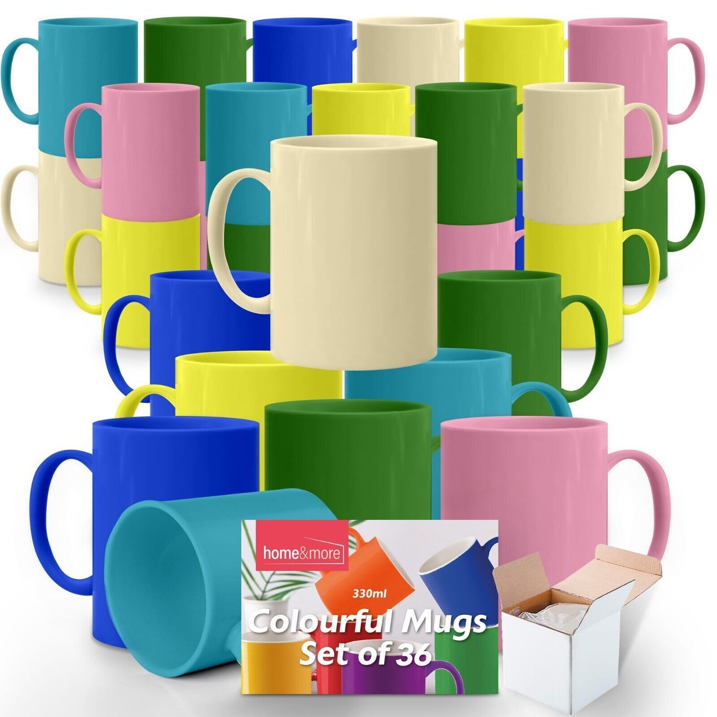 12-36 Multi Coloured Mugs 330ml | Colourful Ceramic Stoneware Coffee Tea Cup Set