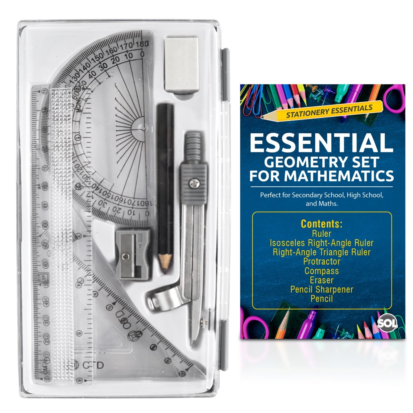 Maths Geometry Set | Compass Ruler Protractor Exam Case | 8 Piece ...
