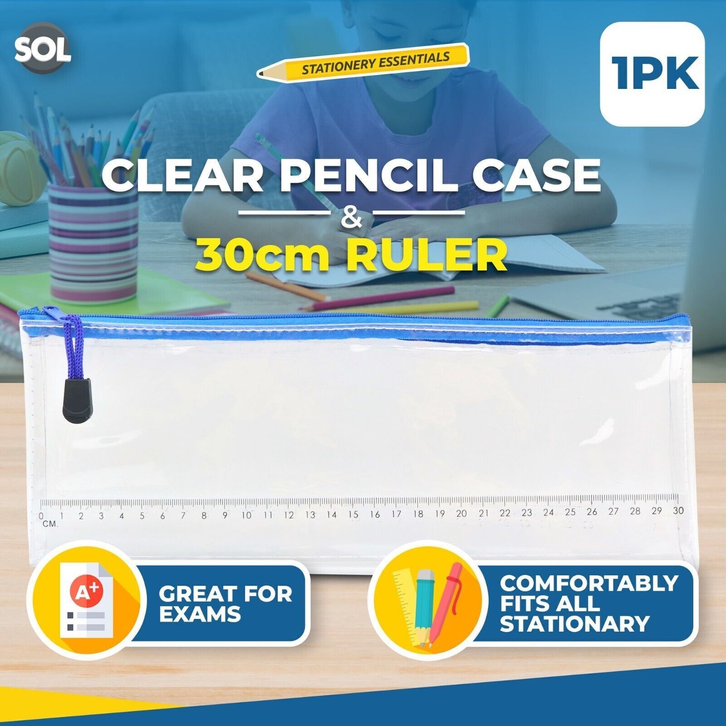 Clear Pencil Case 31cmx12cm Big Large Boys Girls Exam + Kids Plastic Ruler 30cm