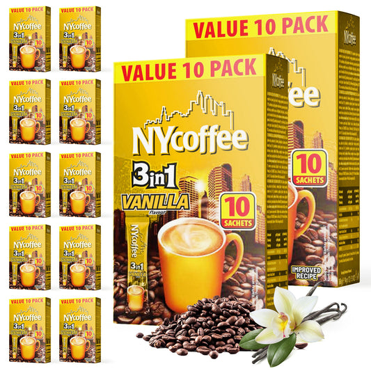 NY Coffee 3 in 1 Vanilla 100 Sachets Sticks 10x10pk Instant White & Sugar