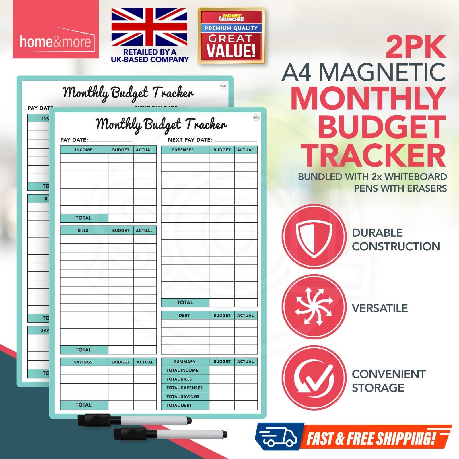 2pk Magnetic Monthly Budget Planner Money Saving Organiser Tracker + Wipe Pens