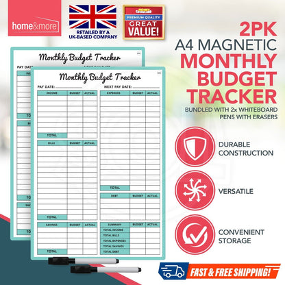 2pk Magnetic Monthly Budget Planner Money Saving Organiser Tracker + Wipe Pens