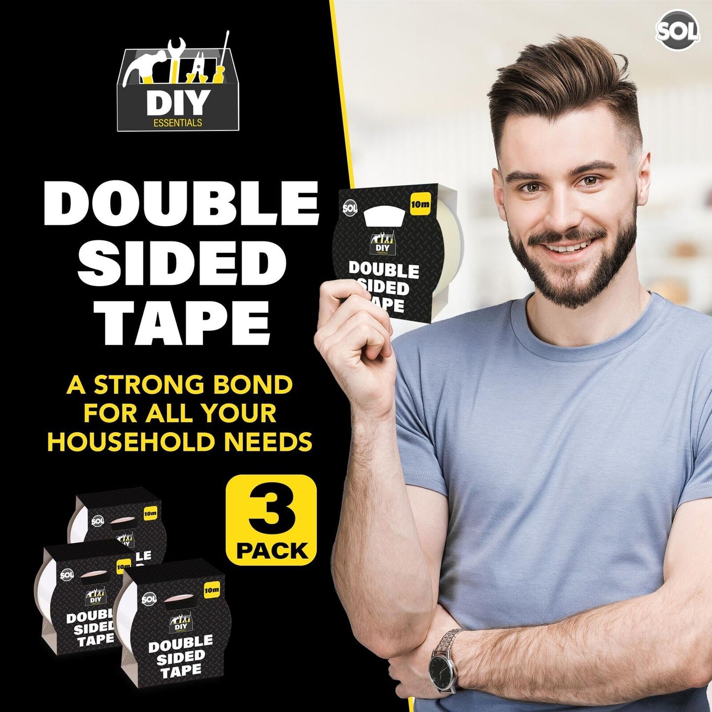 30M Double Sided Adhesive Tape | 3x 10M x48mm Clear Sticky Tape Strong DIY Craft