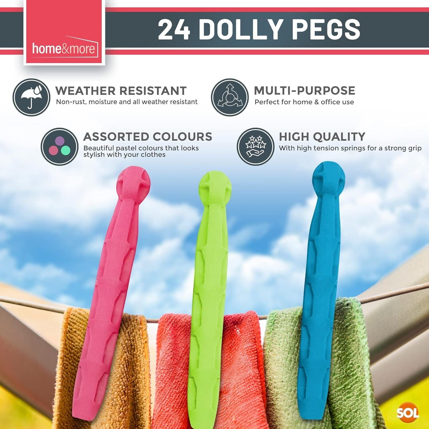 Dolly Pegs Durable Plastic Laundry Washing Clothes Line | 24 Pack