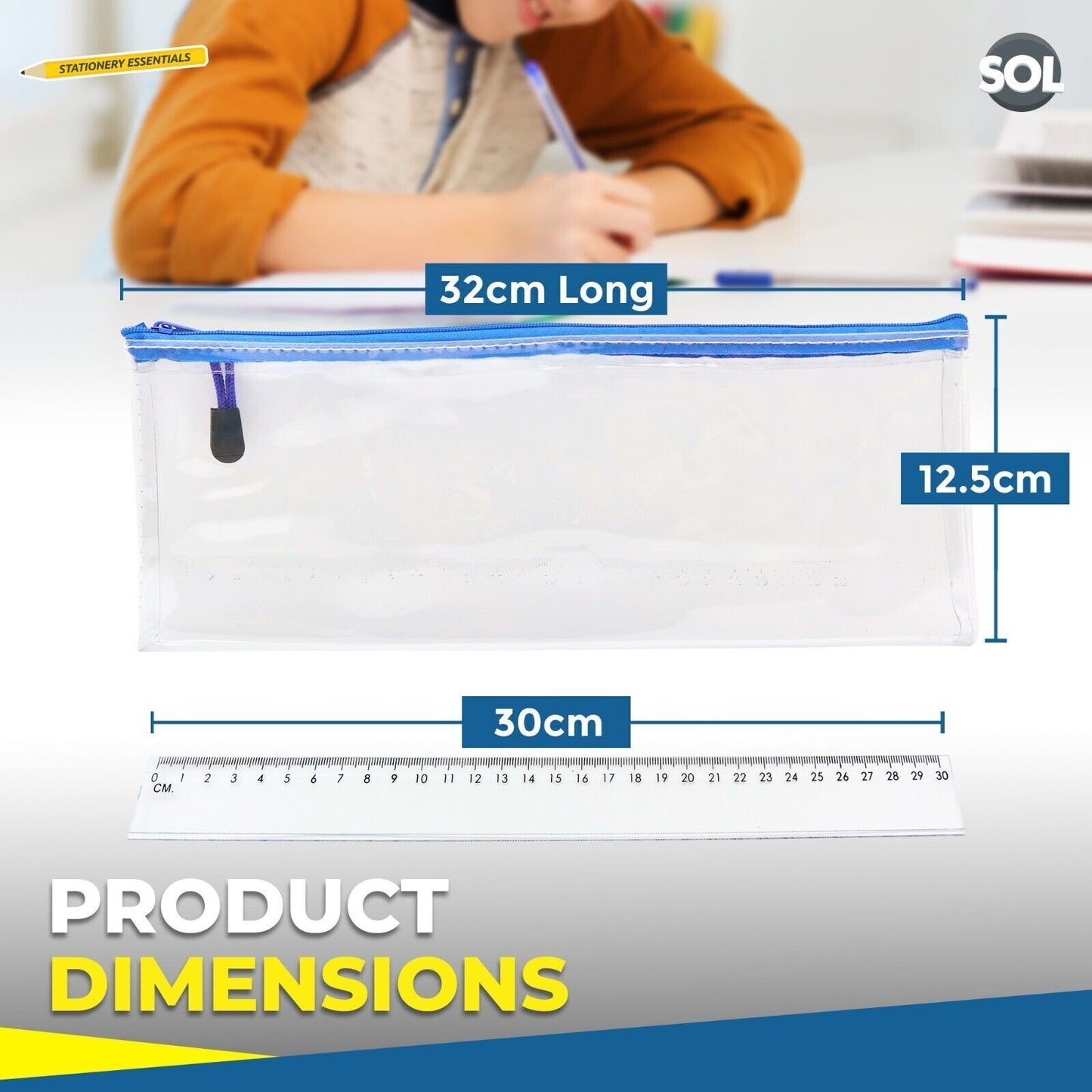 Clear Pencil Case 31cmx12cm Big Large Boys Girls Exam + Kids Plastic Ruler 30cm