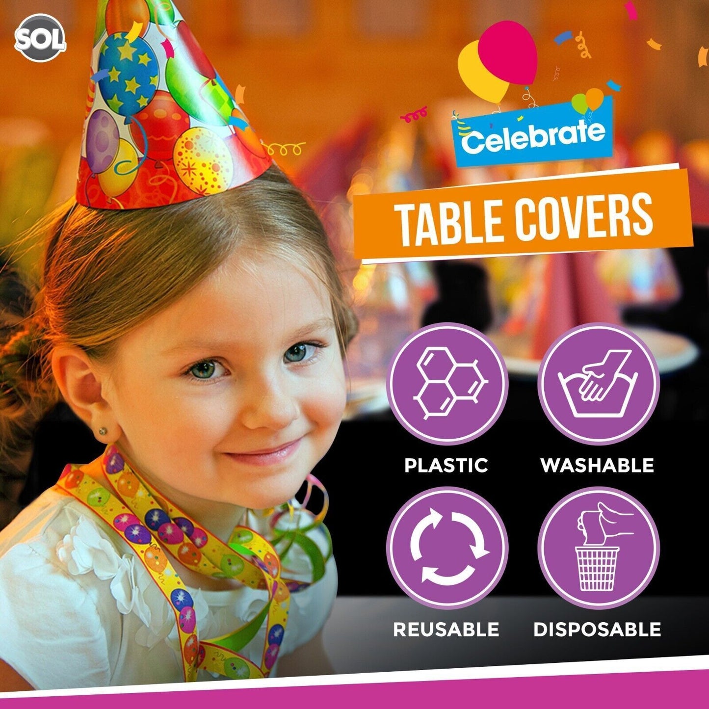 6pk Black Plastic Table Covers Tablecloth Disposable Wipe Clean Party Tablecover