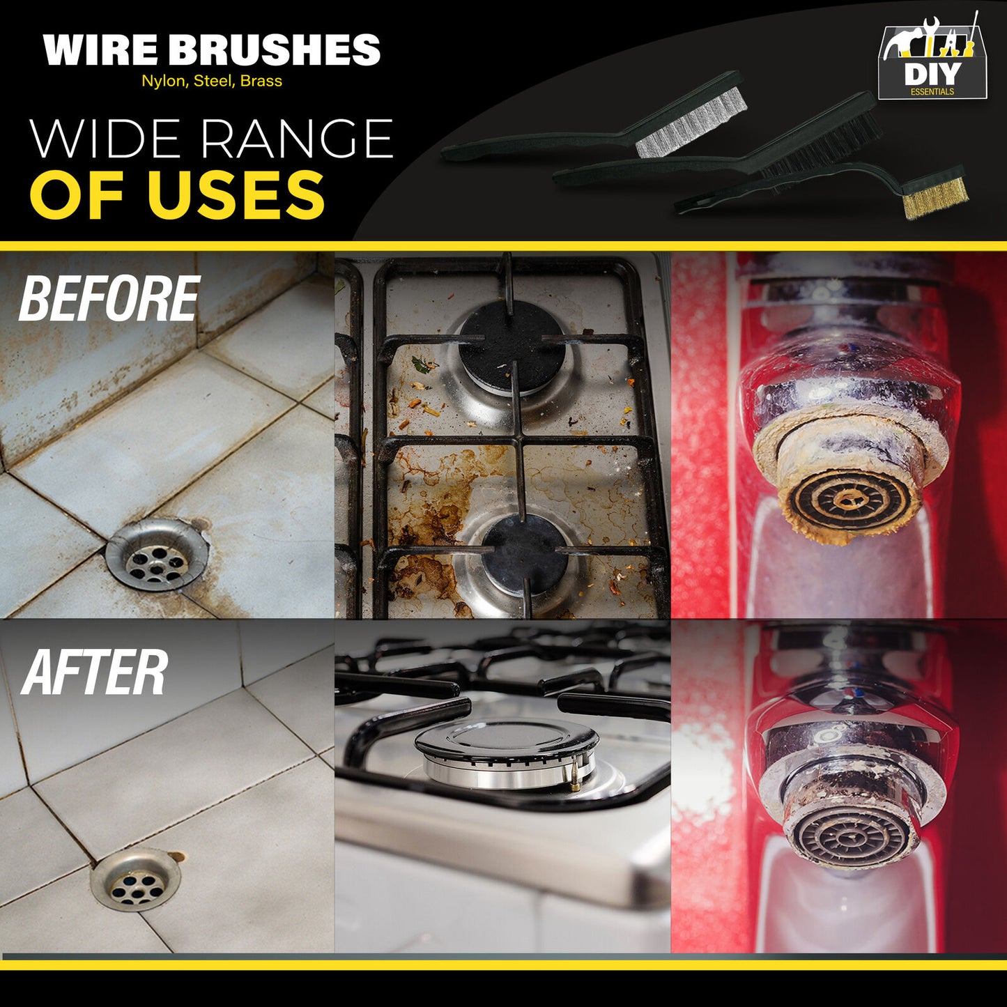 3pk Wire Brush Set Steel Brass Nylon Cleaning Polishing Metal Rust Paint Remover