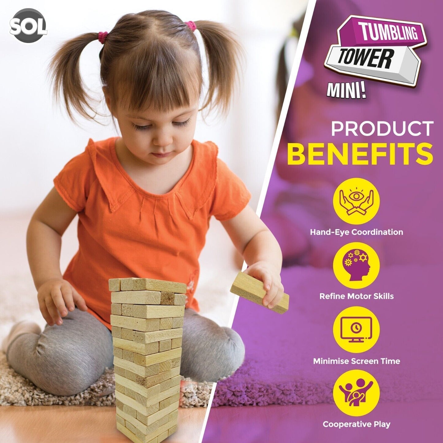 2pk Wooden Tumbling Tower Game Traditional Stacking Family Kids Travel Mini 48pc