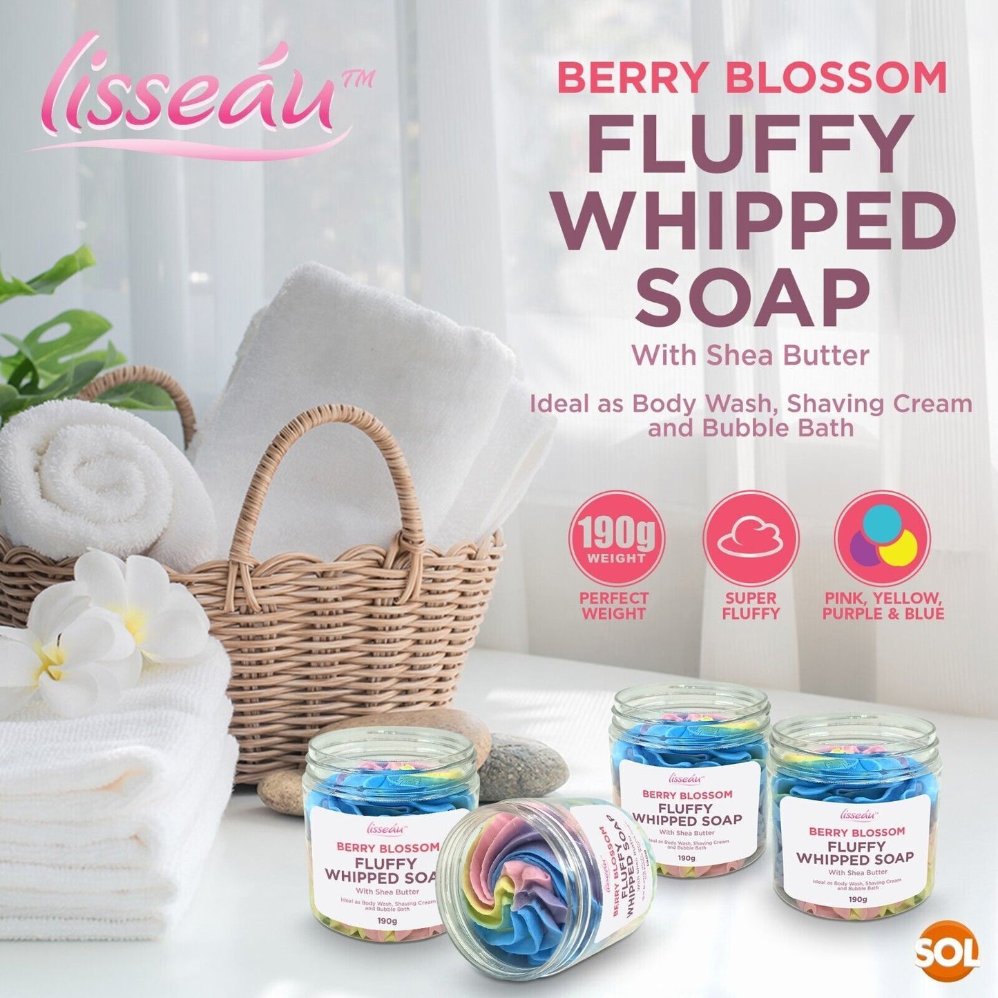 2pk Whipped Soap Shower Fluff Set Shea Butter Whip 190g Berry Blossom Bath Body