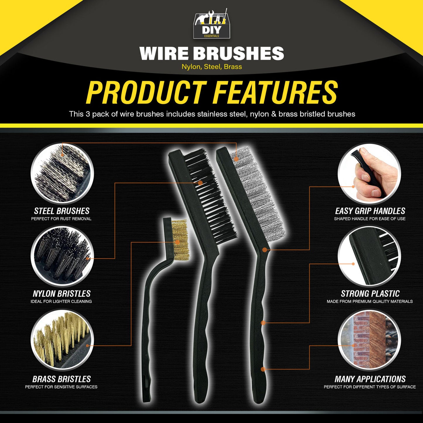 3pk Wire Brush Set Steel Brass Nylon Cleaning Polishing Metal Rust Paint Remover