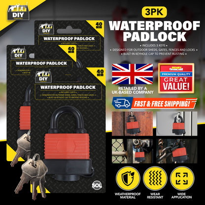 Heavy Duty Weatherproof Padlock 40mm Outdoor Security Iron Lock Shed Safety 3Key
