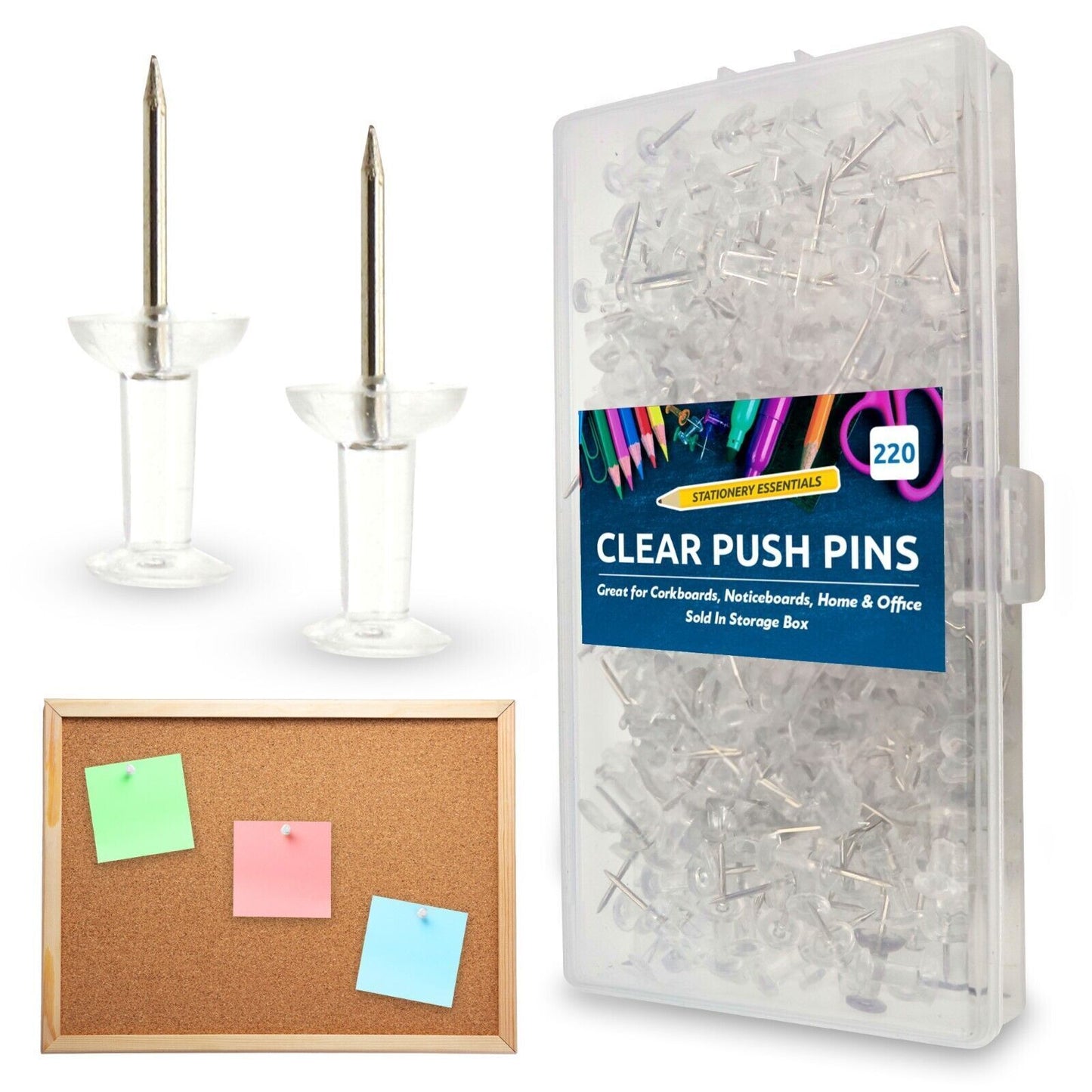 220-660 Clear Push Pins For Cork Board | Thumb Tacks Notice Bulletin Map Plastic