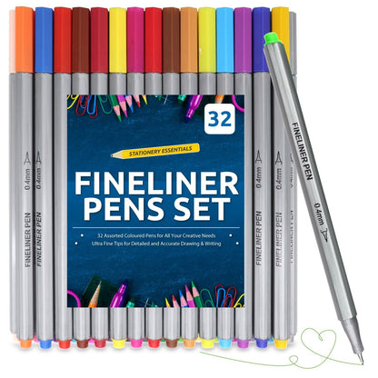 32 Coloured Fine Liner Pens Set | 0.4mm Art Colouring Pack