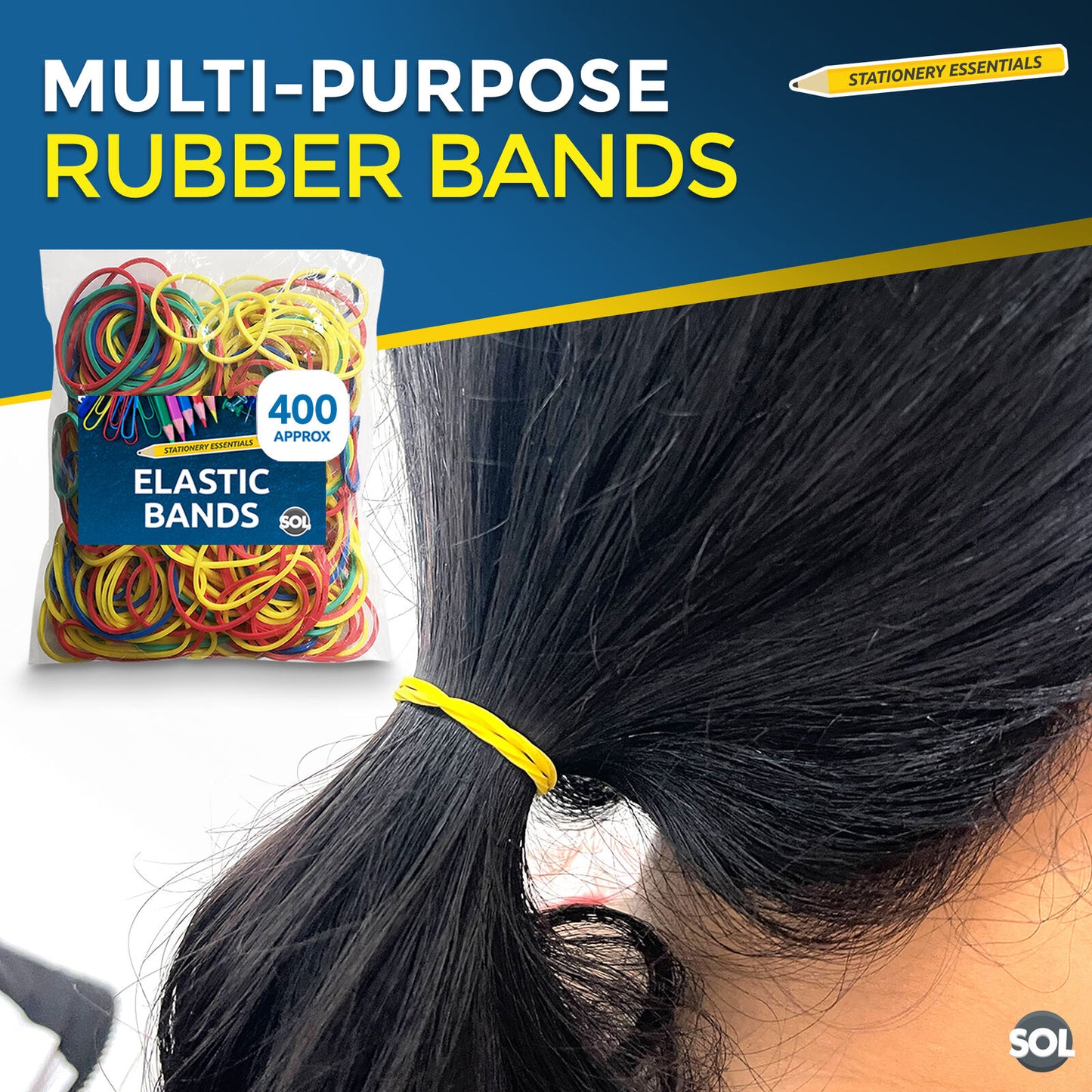 400pk Strong Elastic Rubber Bands Assorted Colours Sizes Home, School and Office