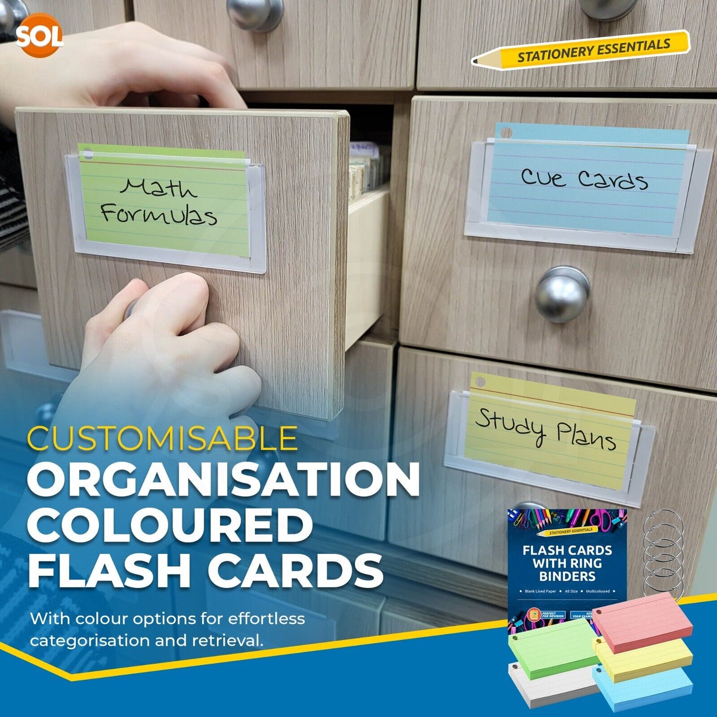 500-1000 Revision Cards with Rings Record Flash Blank Index Coloured Lined 70GSM