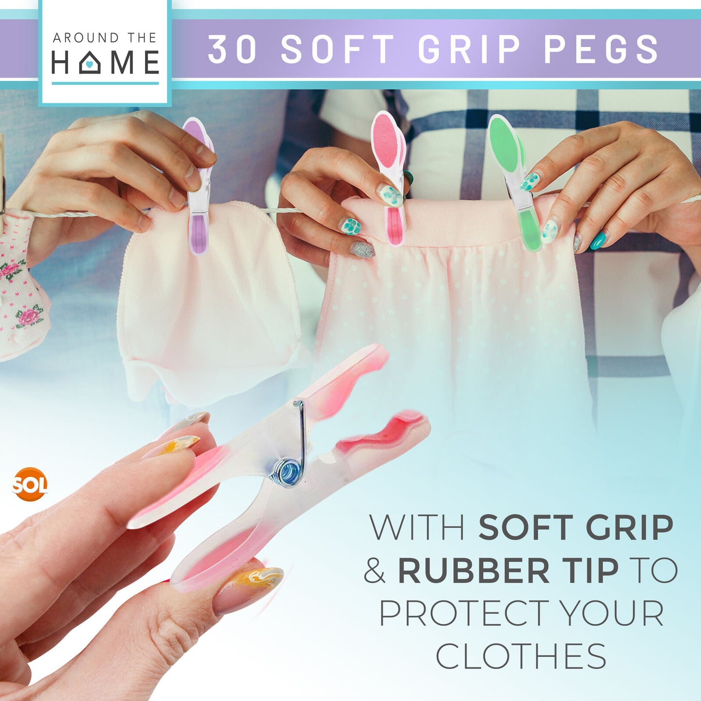 30 Pack Soft Grip Clothes Pegs Strong Plastic Laundry Rubber Clips Washing Line