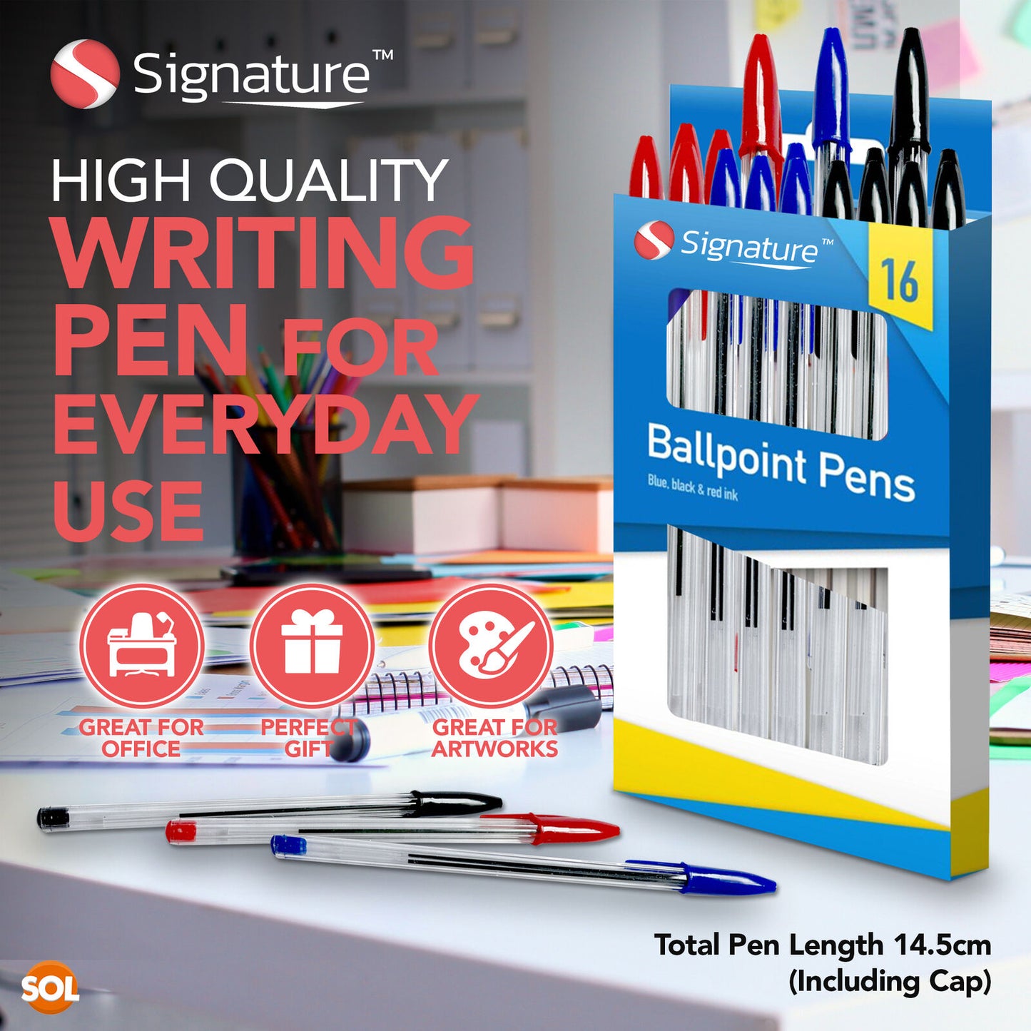 32 Ballpoint Pens Set | High Quality Medium Ball Point Pen Biros Black Blue Red