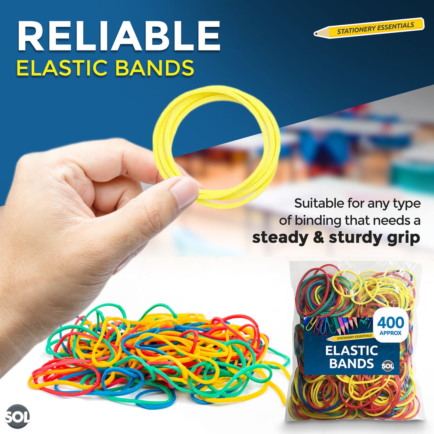 400pk Strong Elastic Rubber Bands Assorted Colours Sizes Home, School and Office