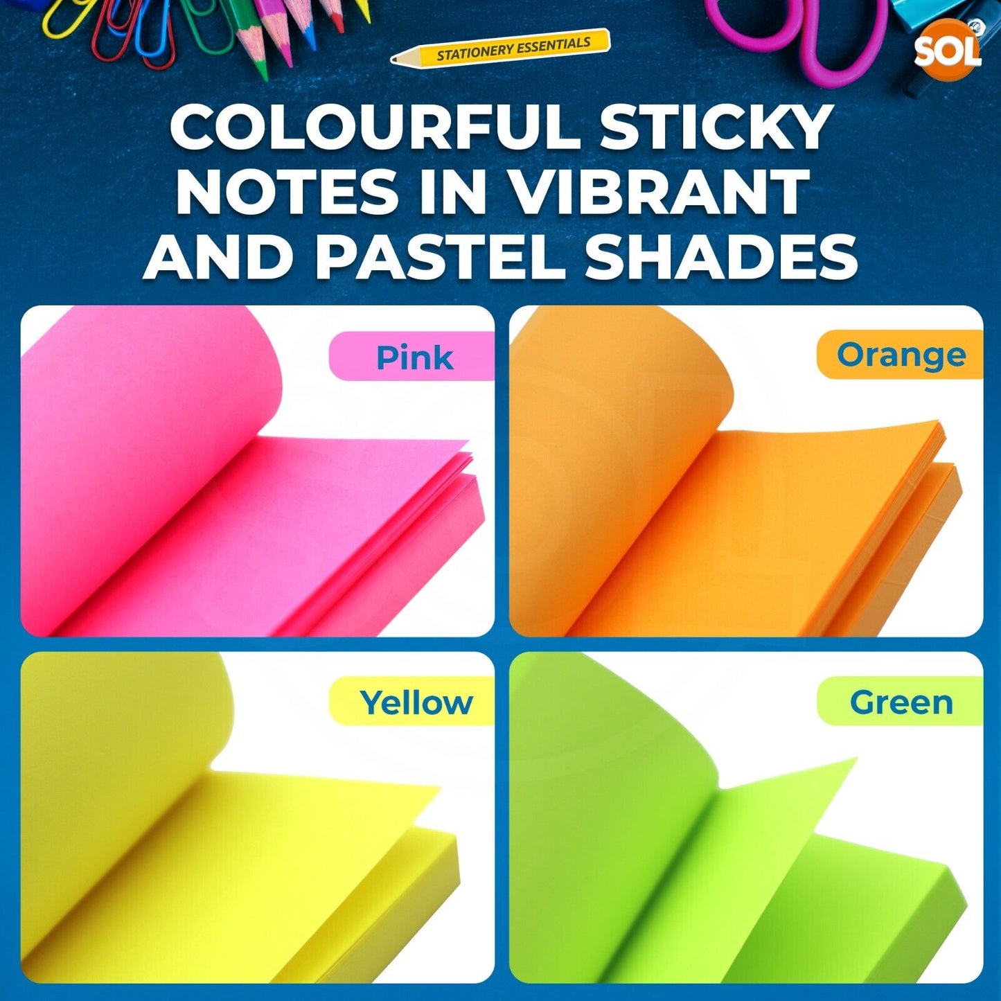 400-4800 Neon Coloured Sticky Notes 76x76mm Remove It Super Sticky Post Pads Set