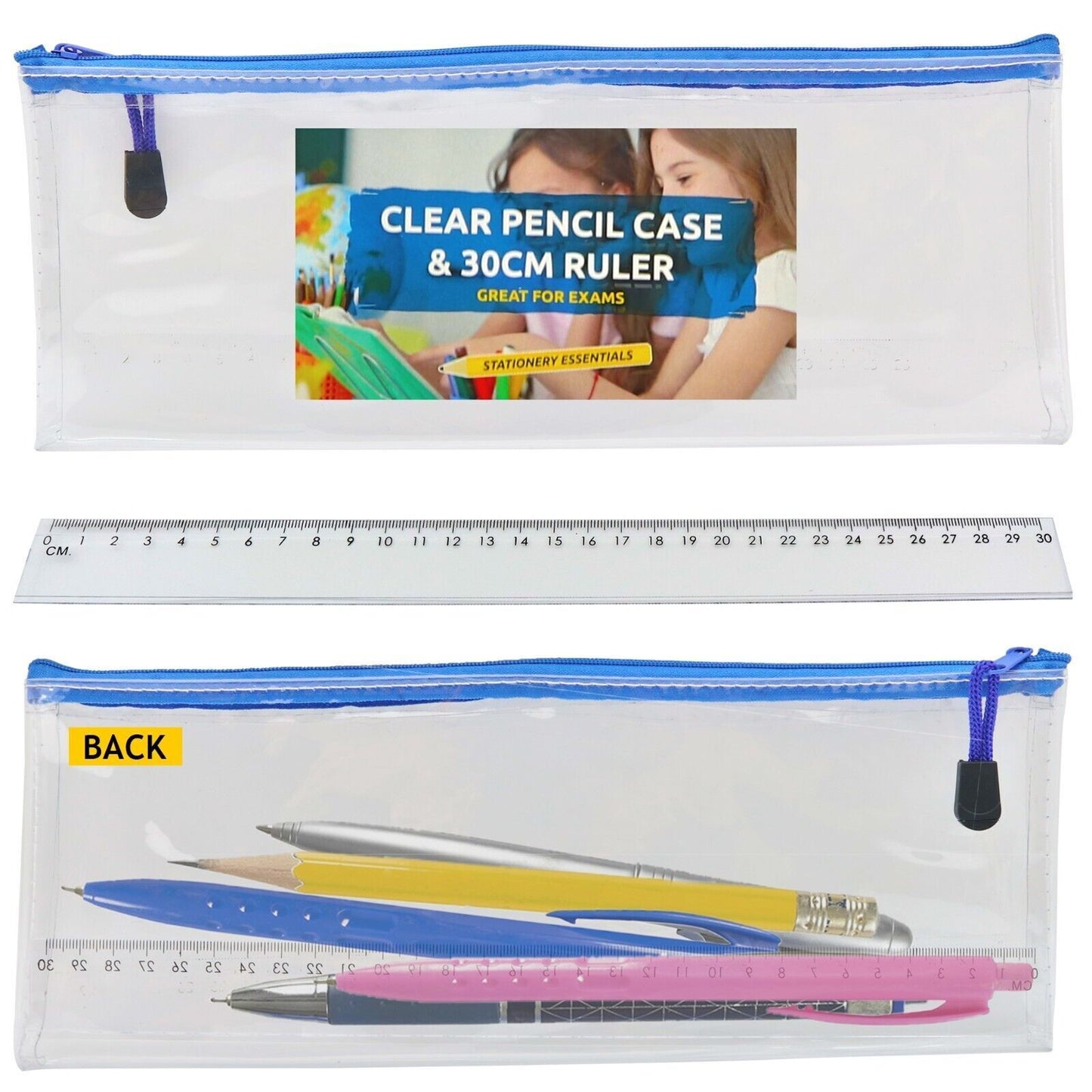 Clear Pencil Case 31cmx12cm Big Large Boys Girls Exam + Kids Plastic Ruler 30cm