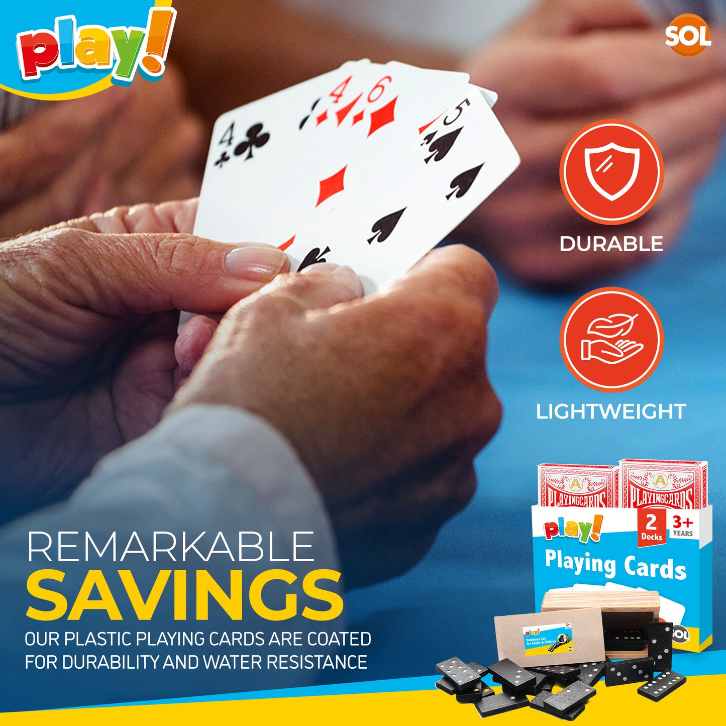 Playing Cards & Dominoes Game Set | 2 Pack Plastic Coated Cards + 28 Dominoes