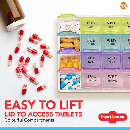 SOL 4pk Weekly Pill Box Organiser - 7 Day 4 Times a Day - Colourful Compartments, Large Storage for Medication, Easy-to-Lift Lids, Travel-Friendly, Ideal for Supplements and Daily Tablet Management
