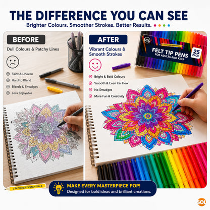 50 Felt Tip Pens for Adults and Kids - 25 Vibrant Colours - 2pk x 25pcs