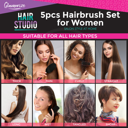 Hair Brush Set Professional Pink Hair Styling | 5 Pack