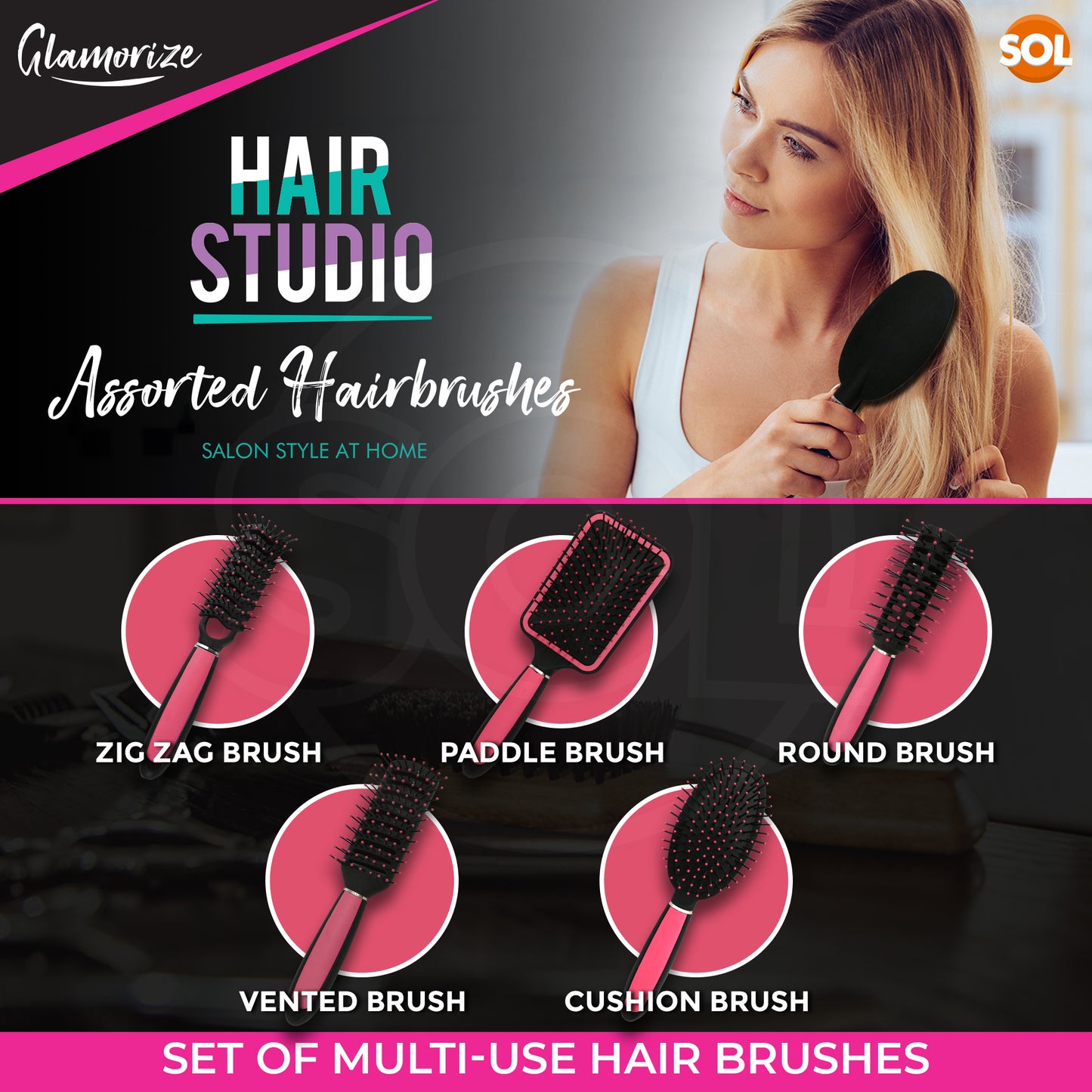 Hair Brush Set Professional Pink Hair Styling | 5 Pack