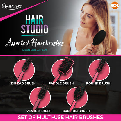 Hair Brush Set Professional Pink Hair Styling | 5 Pack