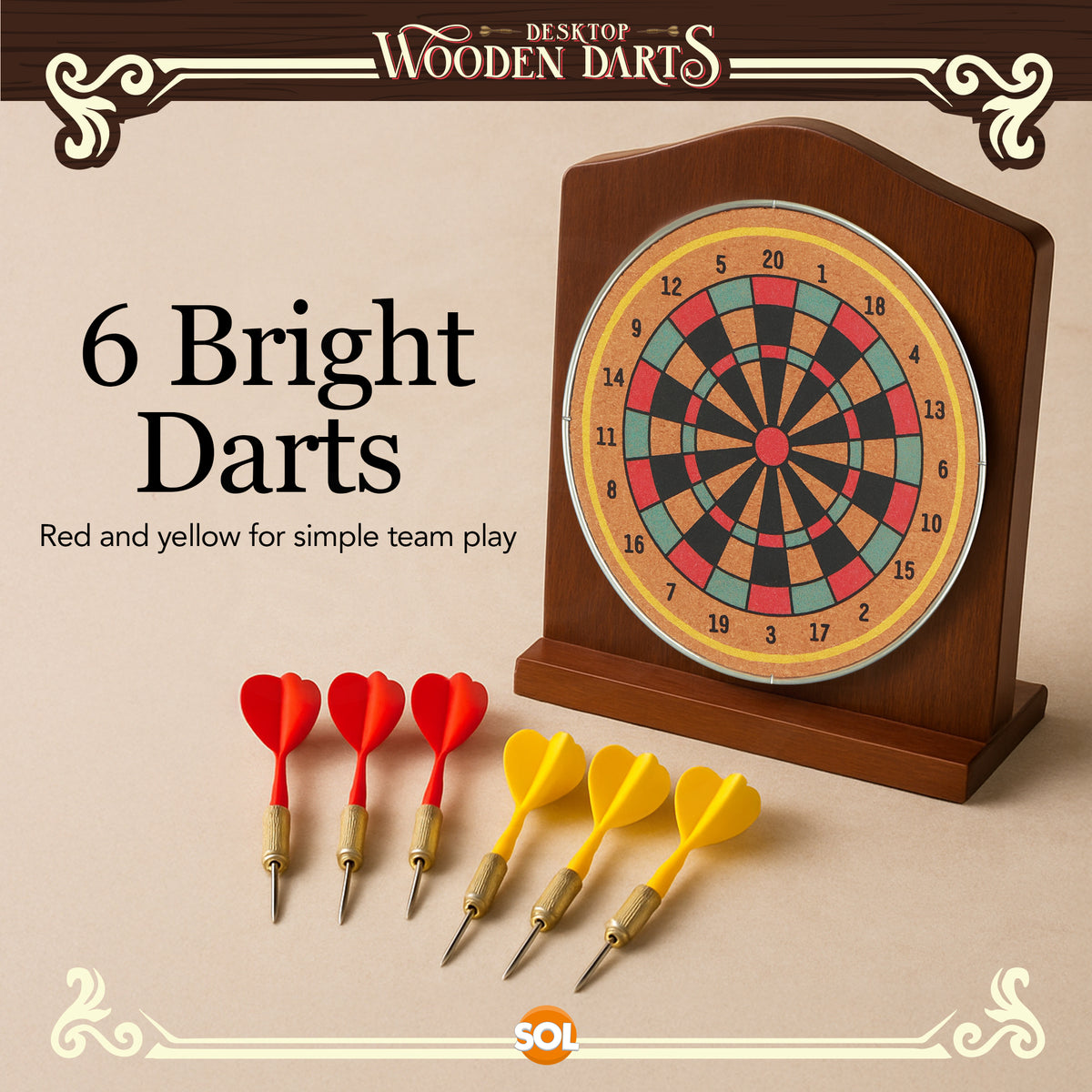 SOL Desktop Wooden Dart Board Set - Compact Tabletop Game for Ages 14+