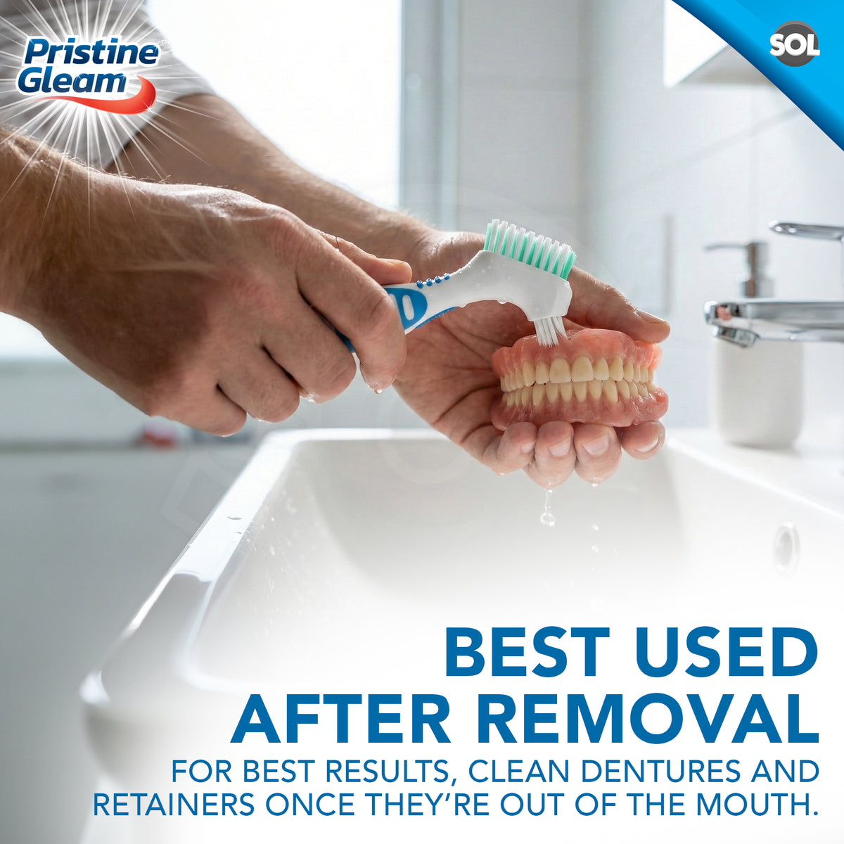 SOL 2pk Denture Brush – Dual Angled Heads with Soft Bristles for Hard-to-Reach Areas, Ideal Oral Hygiene Solution for False Teeth and Oral Appliance, Comfortable, Non-Slip Grip Handle Retainer Cleaner