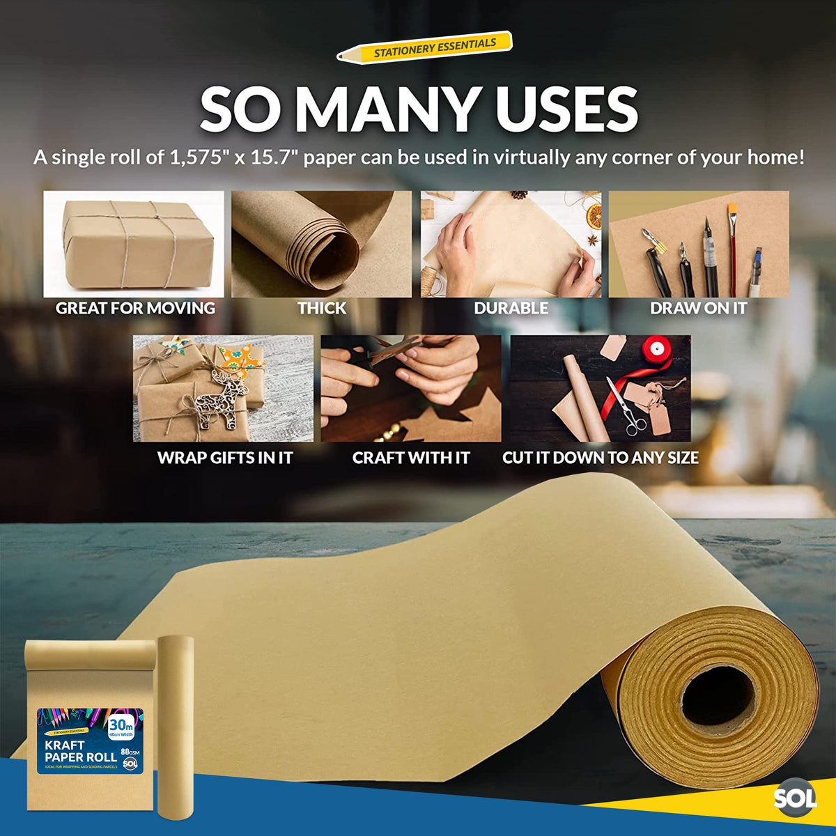 SOL 30m Brown Kraft Paper Roll 40cm Wide - 80gsm Strong Wrapping Paper