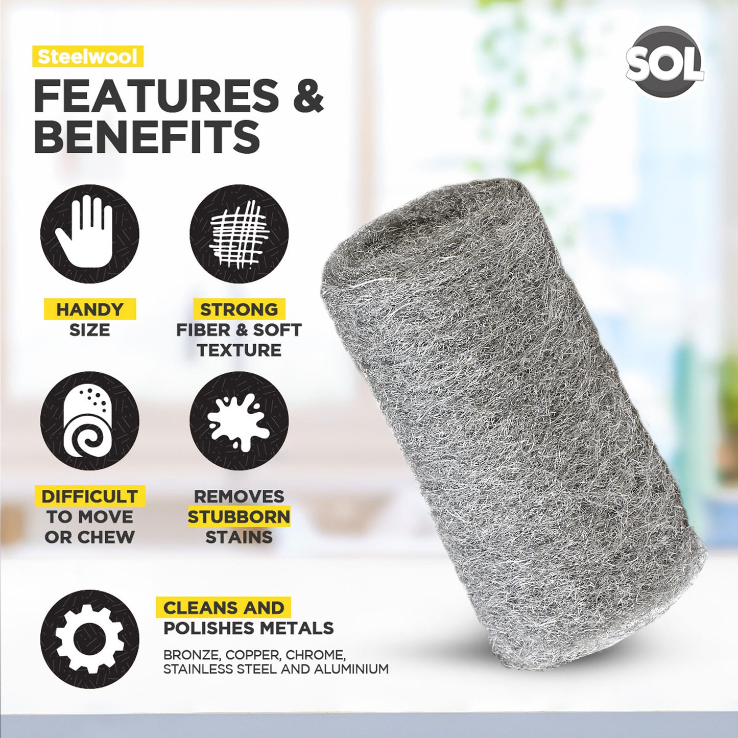 SOL 24pk Steel Wool Pads – Fine Grade 0 Metal Scourers for Polishing, Buffing, Rust Removal, Paint Prep – Multipurpose Scourers for Cleaning Wood, Furniture, Surfaces & DIY Tasks