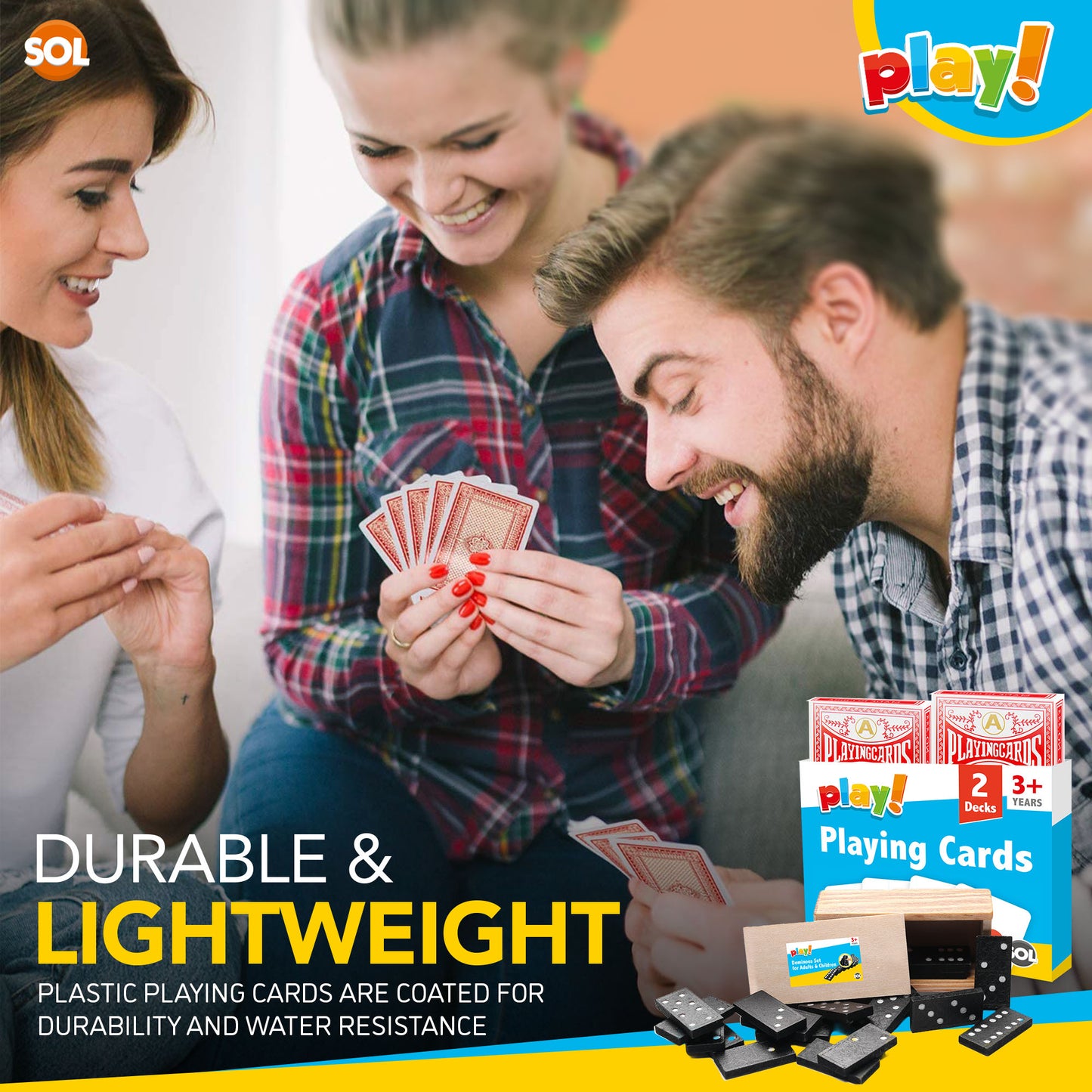 Playing Cards & Dominoes Game Set | 2 Pack Plastic Coated Cards + 28 Dominoes