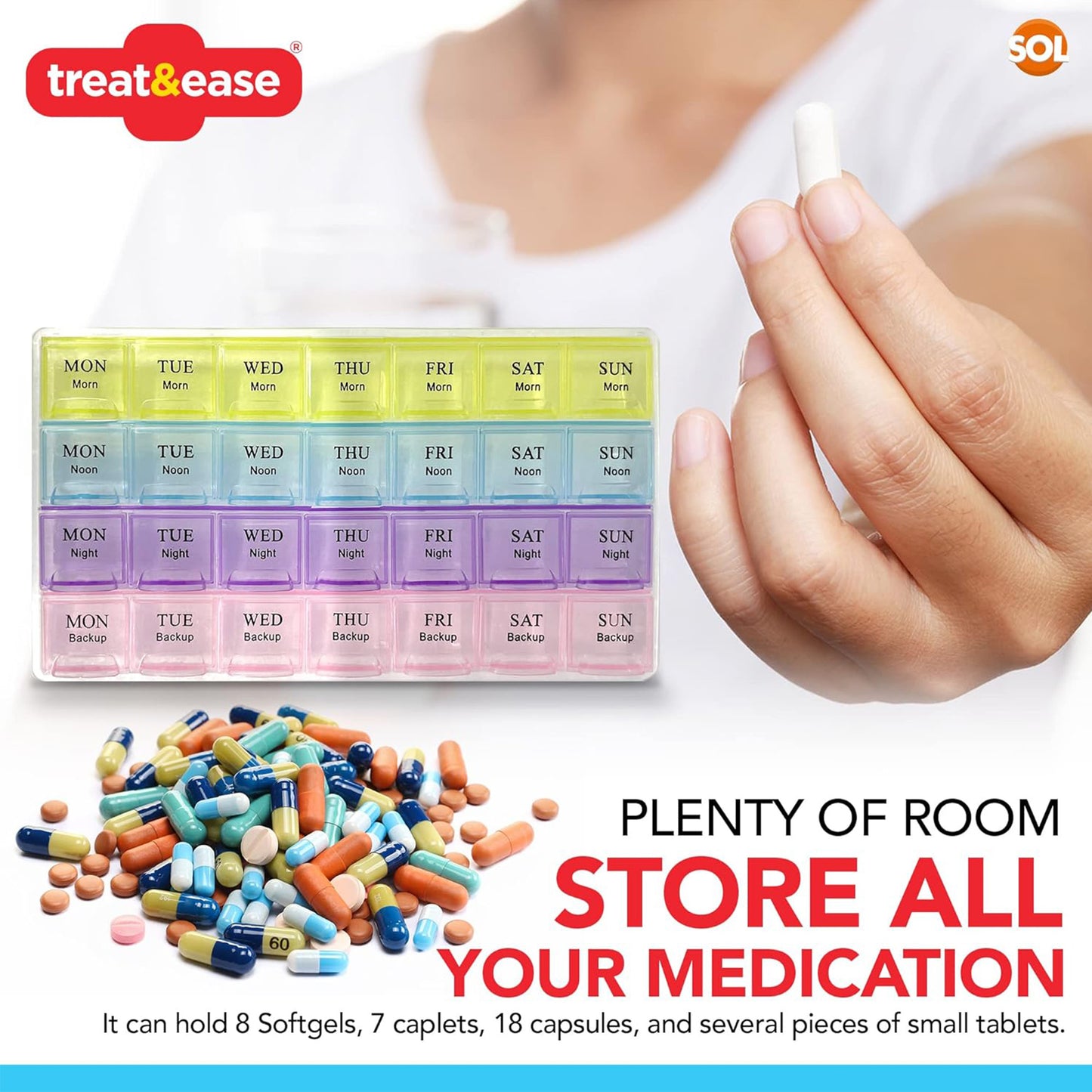 SOL 4pk Weekly Pill Box Organiser - 7 Day 4 Times a Day - Colourful Compartments, Large Storage for Medication, Easy-to-Lift Lids, Travel-Friendly, Ideal for Supplements and Daily Tablet Management