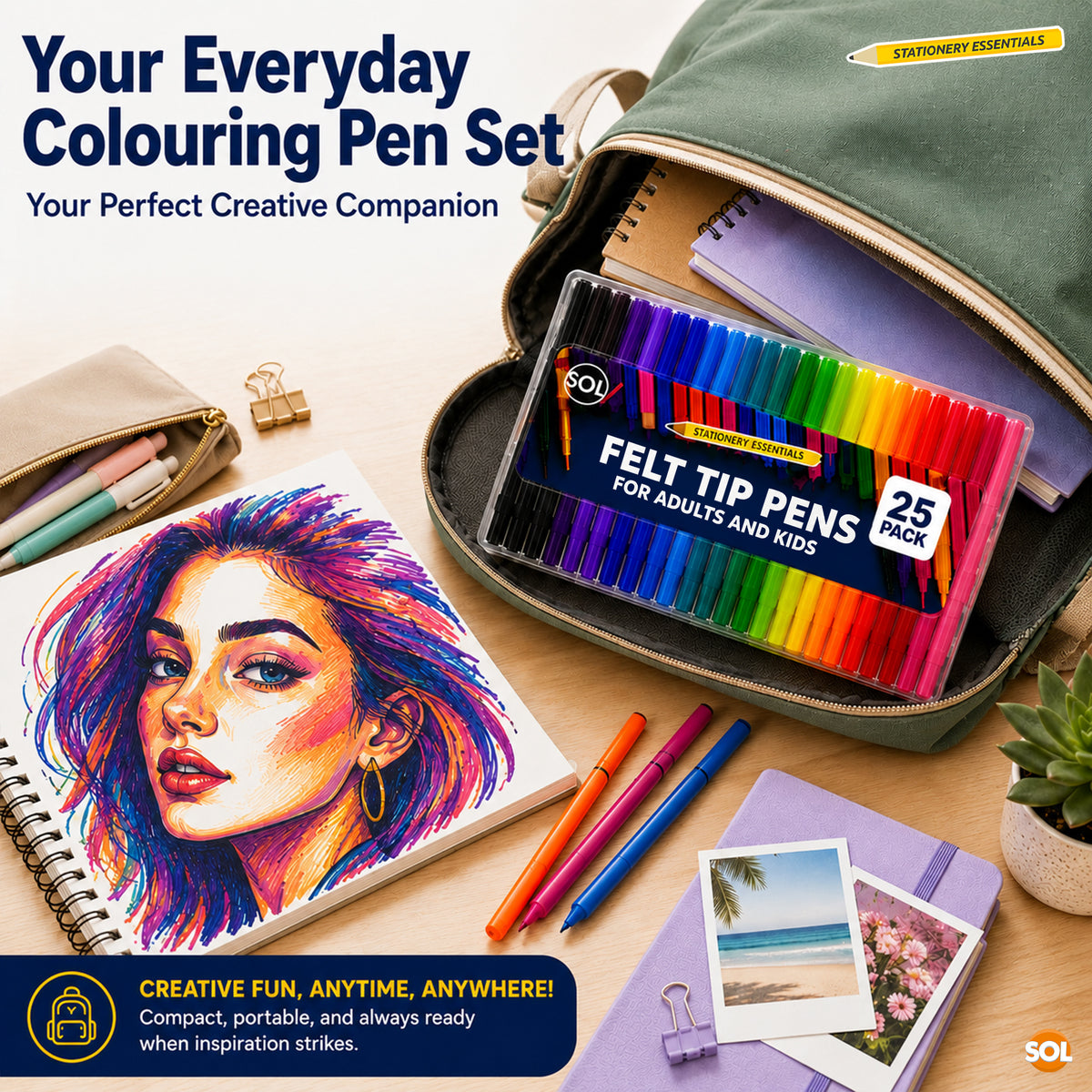 50 Felt Tip Pens for Adults and Kids - 25 Vibrant Colours - 2pk x 25pcs