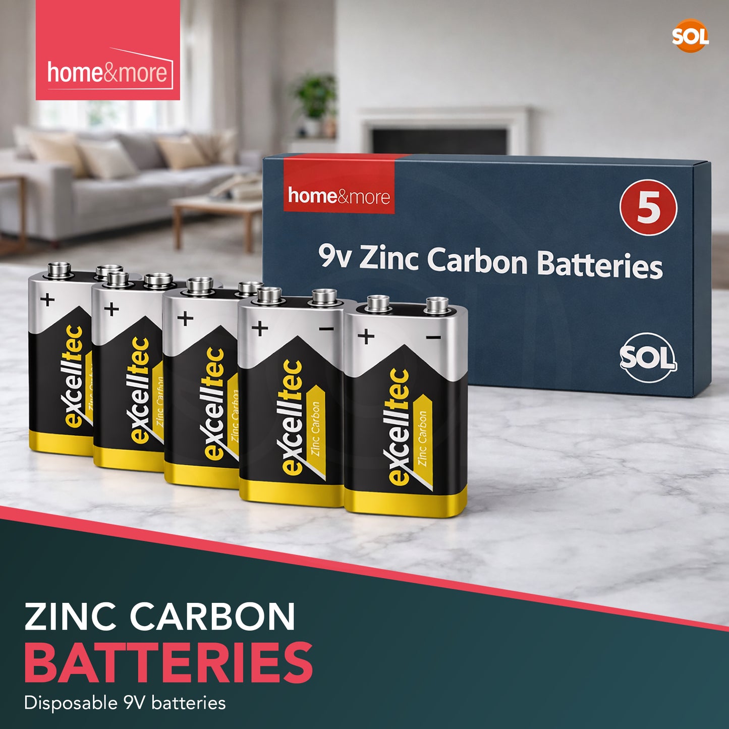 9V Battery | Heavy Duty PP3 Smoke Alarm Zinc Carbon | 5 Pack