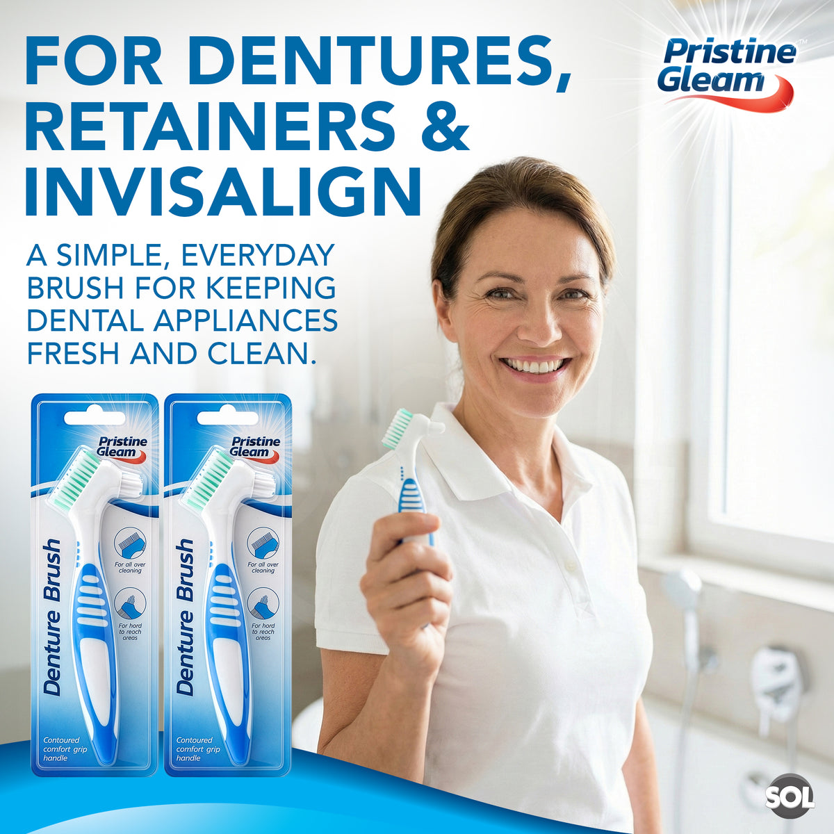 SOL 2pk Denture Brush – Dual Angled Heads with Soft Bristles for Hard-to-Reach Areas, Ideal Oral Hygiene Solution for False Teeth and Oral Appliance, Comfortable, Non-Slip Grip Handle Retainer Cleaner