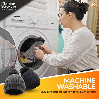 Women's Thermal Bobble Hat | Knitted Beanie with Faux Fur Pom Pom | Winter Warm Outdoor Wear | 2 Pack