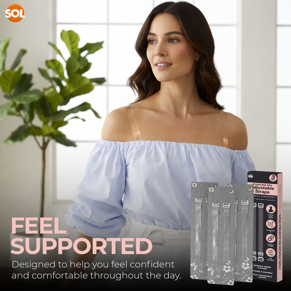 SOL 3 Pairs Clear Bra Straps - Adjustable Invisible Silicone Design