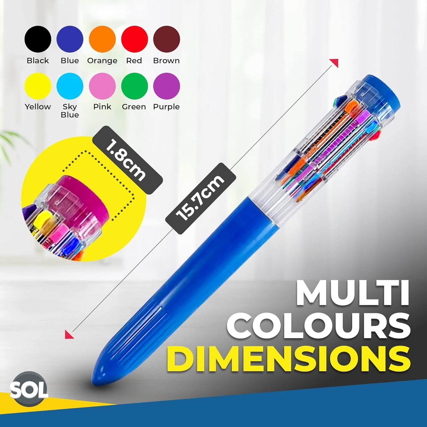 SOL 12pk Multicoloured Pens, 10-in-1 Retractable Multi Coloured Pens All in One, Vivid Ink Ballpoint Pens for School & Office, Switchable Biros Ideal for Writing, Drawing & Creative Projects