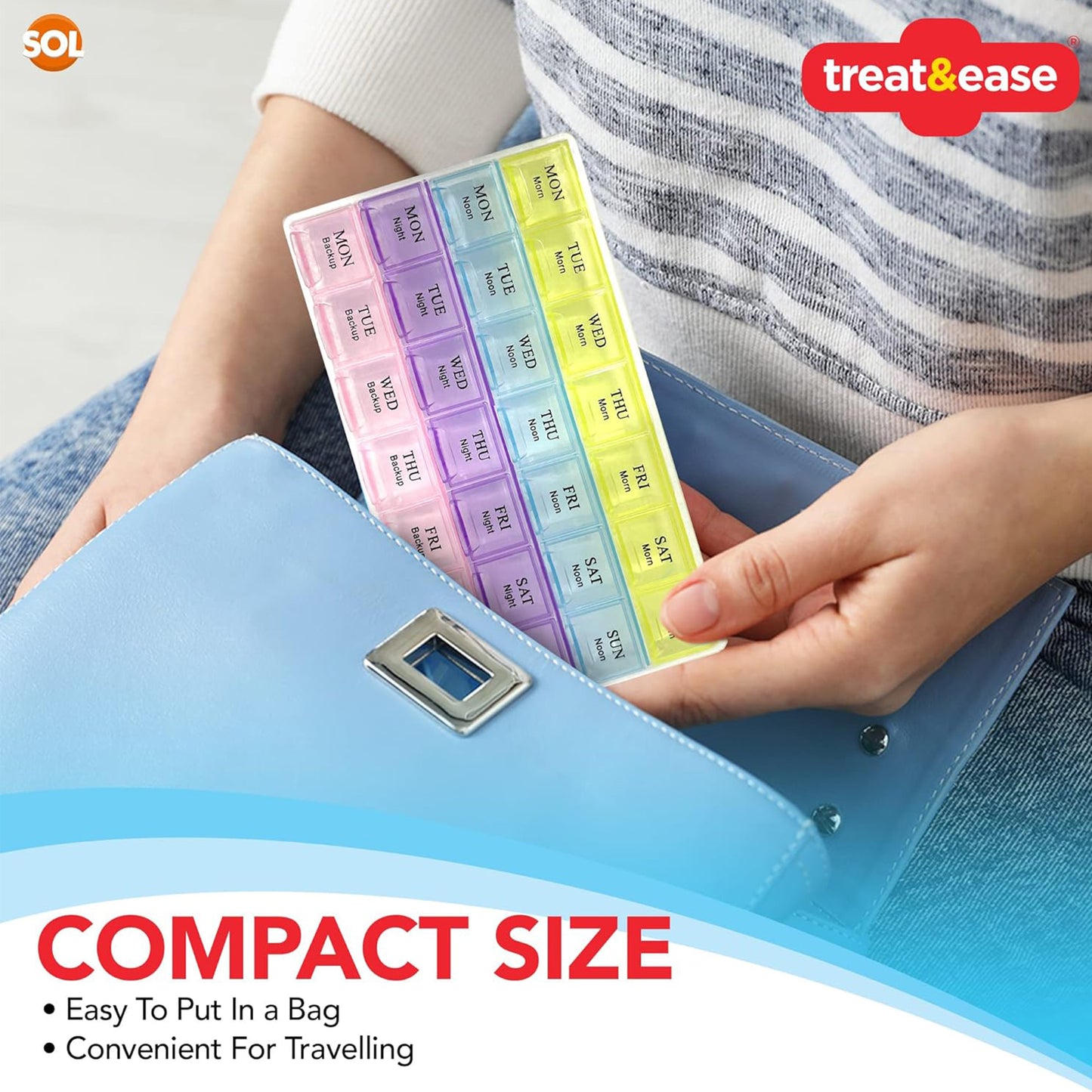 SOL 4pk Weekly Pill Box Organiser - 7 Day 4 Times a Day - Colourful Compartments, Large Storage for Medication, Easy-to-Lift Lids, Travel-Friendly, Ideal for Supplements and Daily Tablet Management